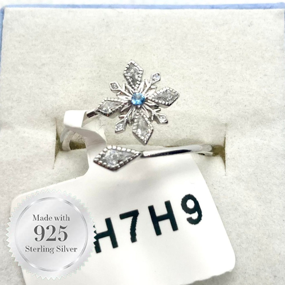 925 Sterling Silver Blue Gem Snowflake Ring Adjustable